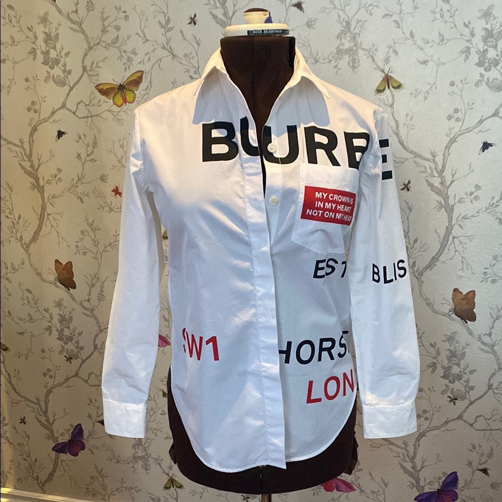Burberry White Graphic Blouse NWOT